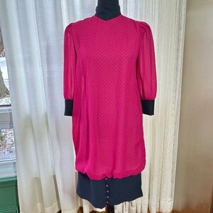 Vintage 80s Tricorama dress, bouffant, pink black polka dots, 4 (Small)